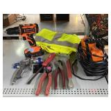 Cordless Drill, 12V Inflator, and Hand Tools.