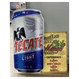 Metal Tecate Beer Sign and Wood Tequila Wall