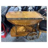 Vtg Inlaid Marquetry Tea Cart - Wood and Brass -