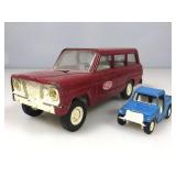 Tonka red Jeep, Wagoneer, and small blue Jeep