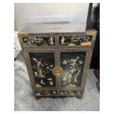 Vtg Chinoiserie Black Lacquer Cabinet with Carved