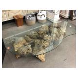 Natural Burlwood Glass Top Coffee Table 58x30