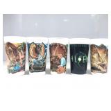 Five plastic drink cups advertising moviesï¿½.4 are