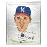 warren spahn cartoon caricature autographed