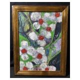 This is an original framed floral, painting with