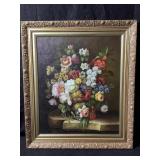 This is a still life oil painting in a gold toned
