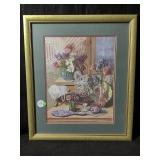 A framed floral still life, art, print featuring