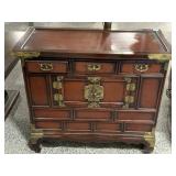Asian style red wood organizer w/metal accents,