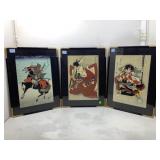 3 Vtg Japanese Woodblock Kabuki Samurai Prints.
