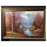 This oil painting depicts a decorative landscape