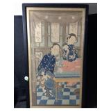 A vintage framed Asian artwork in traditional