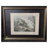 A hand colored engraving titled Paese con Ponte