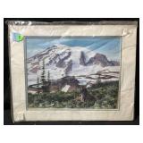 A matted print depicting Mount Rainier, and an