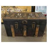 Vtg Wood trunk w/metal accents, approx 28x14x16in