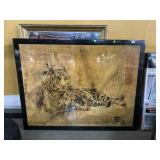 Large Tiger wall art w/mirror, approx 51x39in