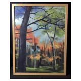 An autumn landscape painting featuring vibrant,