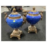 2 Decorative Composite Blue urns, approx 15in
