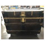 Vtg wood trunk w/metal accents & Wheels, approx