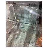Glass rolling side table w/wheels, one piece,