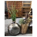 Metal plant Vase & wicker basket w/faux plants,