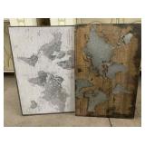 2 Geographical Map On Canvas and Wood. Approx 3Ft