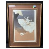 A vintage framed landscape art print featuring a