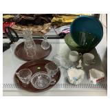 Green Glass Bowl, Creamer Glasses, Trays, and
