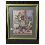 A framed floral still life, art, print featuring