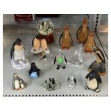 Penguin Figurines. Glass, Wood, And Ceramic.