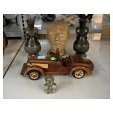 Vintage Asian Style Metal Vase Set, Wood Car