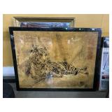 Large Tiger wall art w/mirror, approx 51x39in