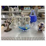 Vintage glass basket, Ceramic Figurines, and