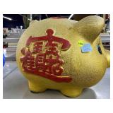 Large Gold Ceramic Pig Piggy bank with Chinese