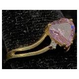 10k Gold Ring W/diamond & Pink Quartz, Tw 1.8g, Sz