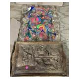 Carved Wood tray w/hand painted wall art, approx