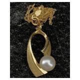 14k Gold Chain & Pendant W/pearl, Tw 2.4g, Sz 16in