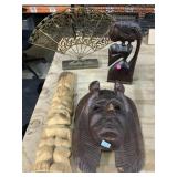Wood Carved masks, sculpture and brass hand fan