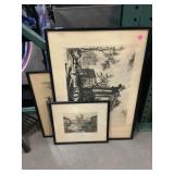 3 Framed Plate etching prints, approx 19x28in