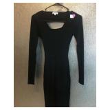 A black ribbed knit long sleeve mini dress with a