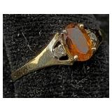 10k Gold Ring, Tw 0.9g W/citrine & Diamonds, Sz 6