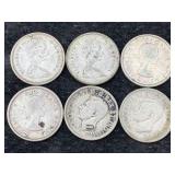 6 Silver Canadian Quarters From 1938 To 1968