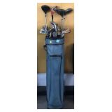 Blue golf bag w/clubs, see photos