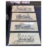 4 Train themed prints on frame, approx 26x10in