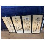 4 Soldier themed prints in frame, approx 10x27in