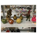 Assorted Home Decor. Fruit Statues, Gnome, Rat