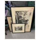 3 Framed Plate etching prints, approx 19x28in