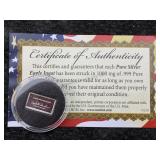 1g - .999 Fine Silver Bar W/certificate