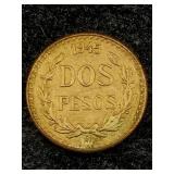 1945 90% Gold Dos Pesos Mexican Gold Coin, Tw 1.6g