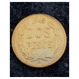 1945 90% Gold Dos Pesos Mexican Gold Coin, Tw 1.6g