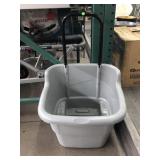 Suncast grey travel bin on wheels, 20in tall